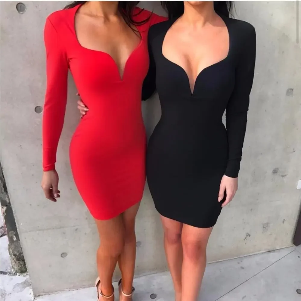 Nookie NEW Red Sweetheart Plunge Neck Bodycon Madonna Midi Dress In Cherry XS